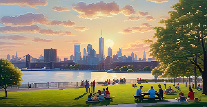 A picturesque sunset view of Paulus Hook Park with greenery, picnic-goers, a playground, and the Manhattan skyline in the background.