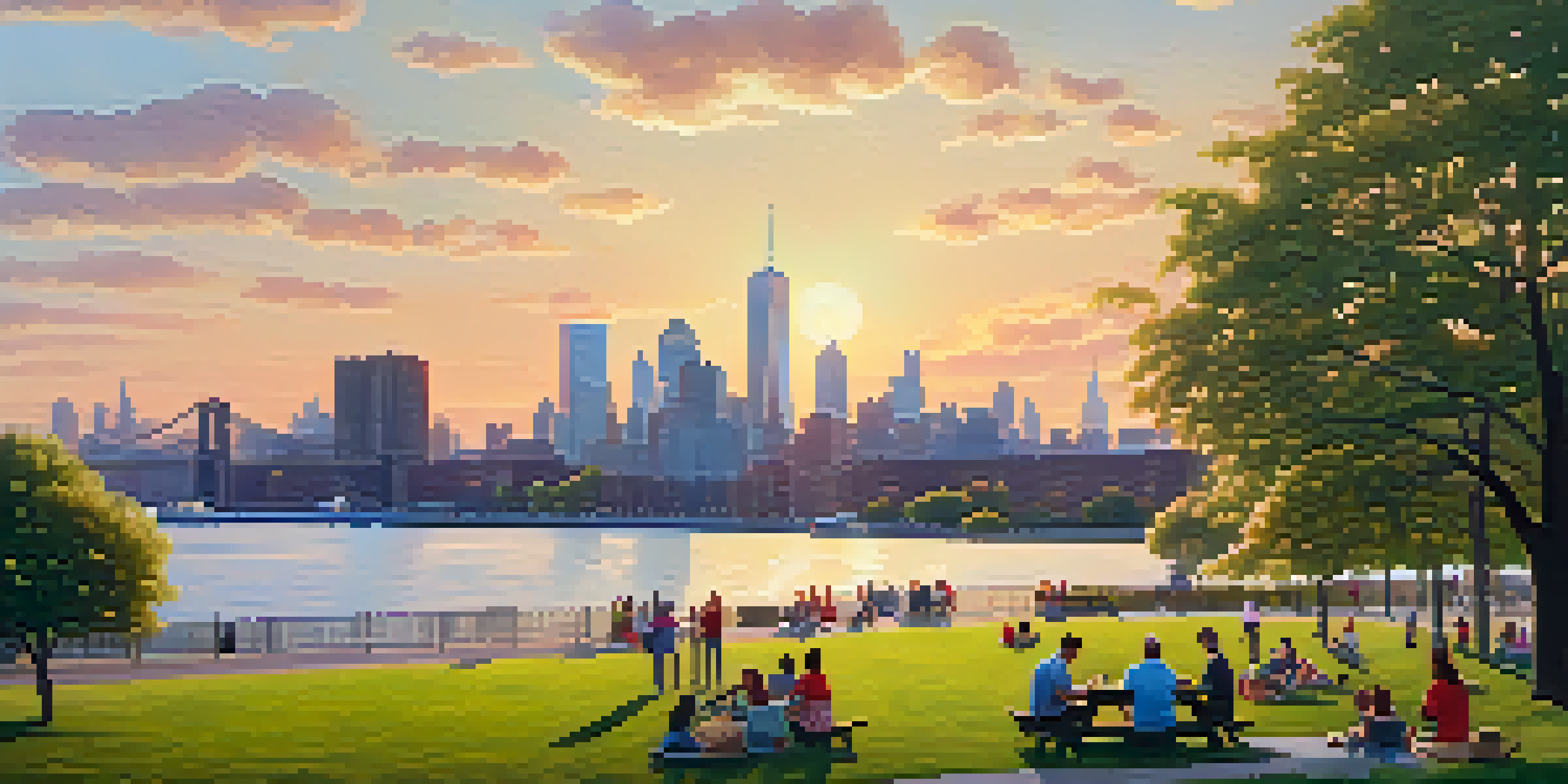 A picturesque sunset view of Paulus Hook Park with greenery, picnic-goers, a playground, and the Manhattan skyline in the background.