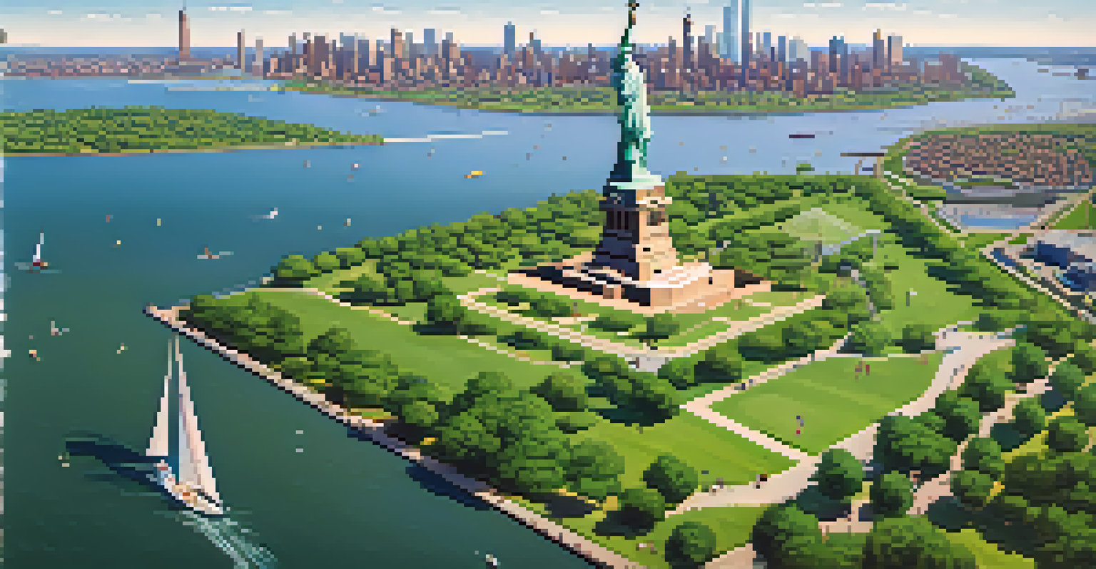 An aerial view of Liberty State Park with people cycling, picnicking, and kayaking, and the Statue of Liberty visible in the distance.