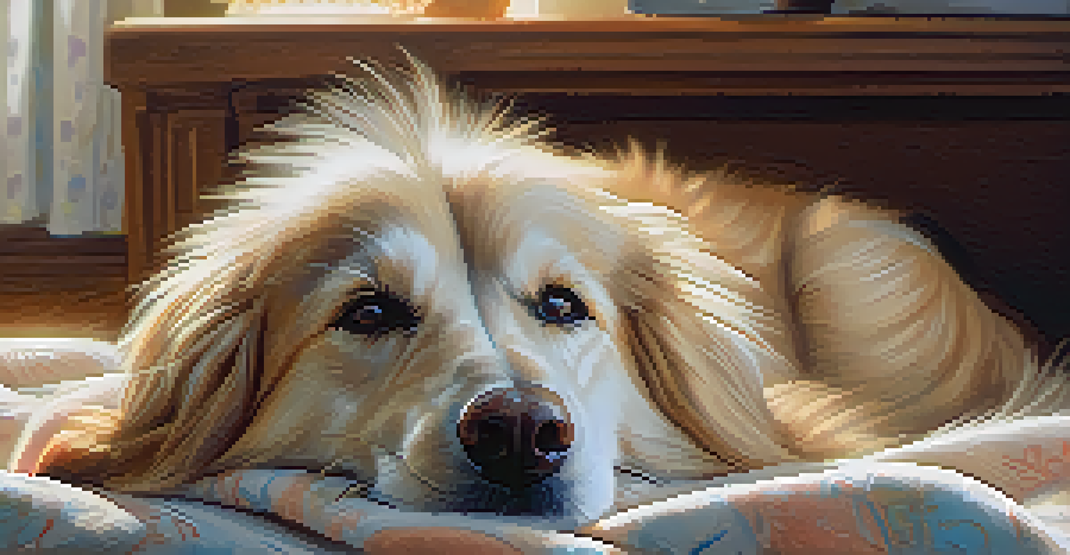 A serene older dog resting on a soft blanket in a cozy home, with sunlight highlighting its gentle features.