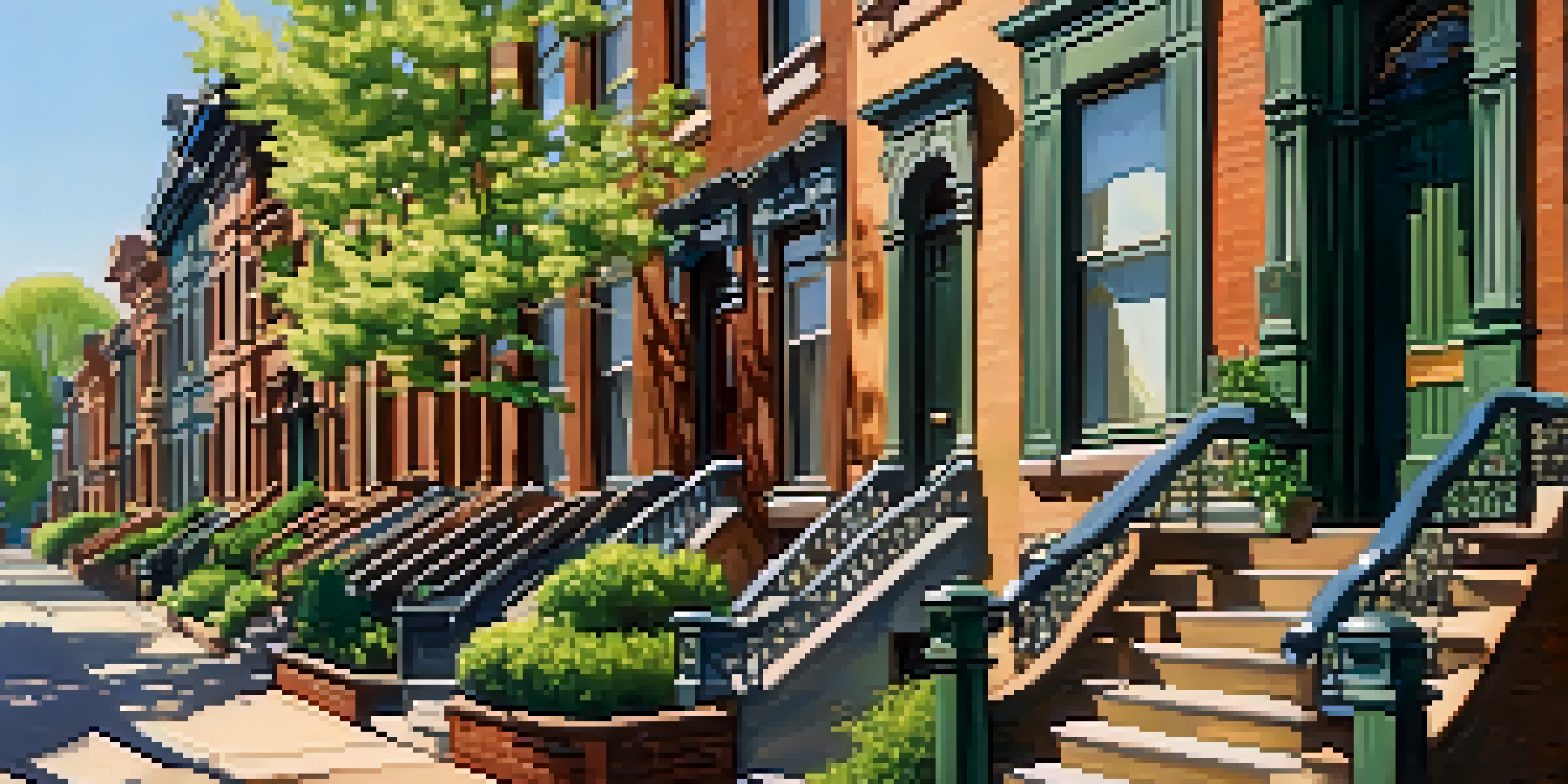 A row of charming brownstone townhouses in Jersey City, with intricate architectural details and greenery lining the street.
