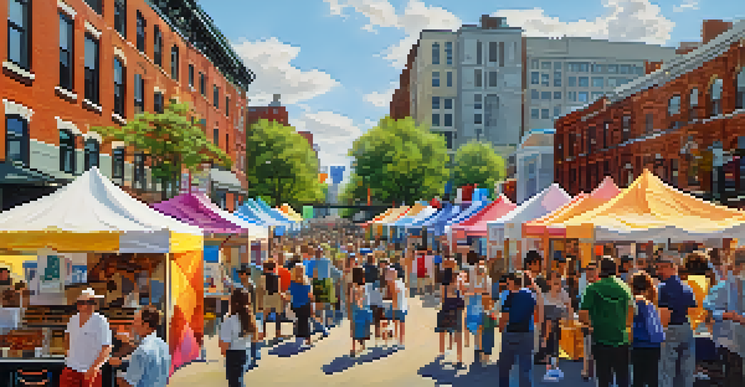 An outdoor arts festival in Jersey City with local artists, food stalls, and live music, creating a vibrant community atmosphere.