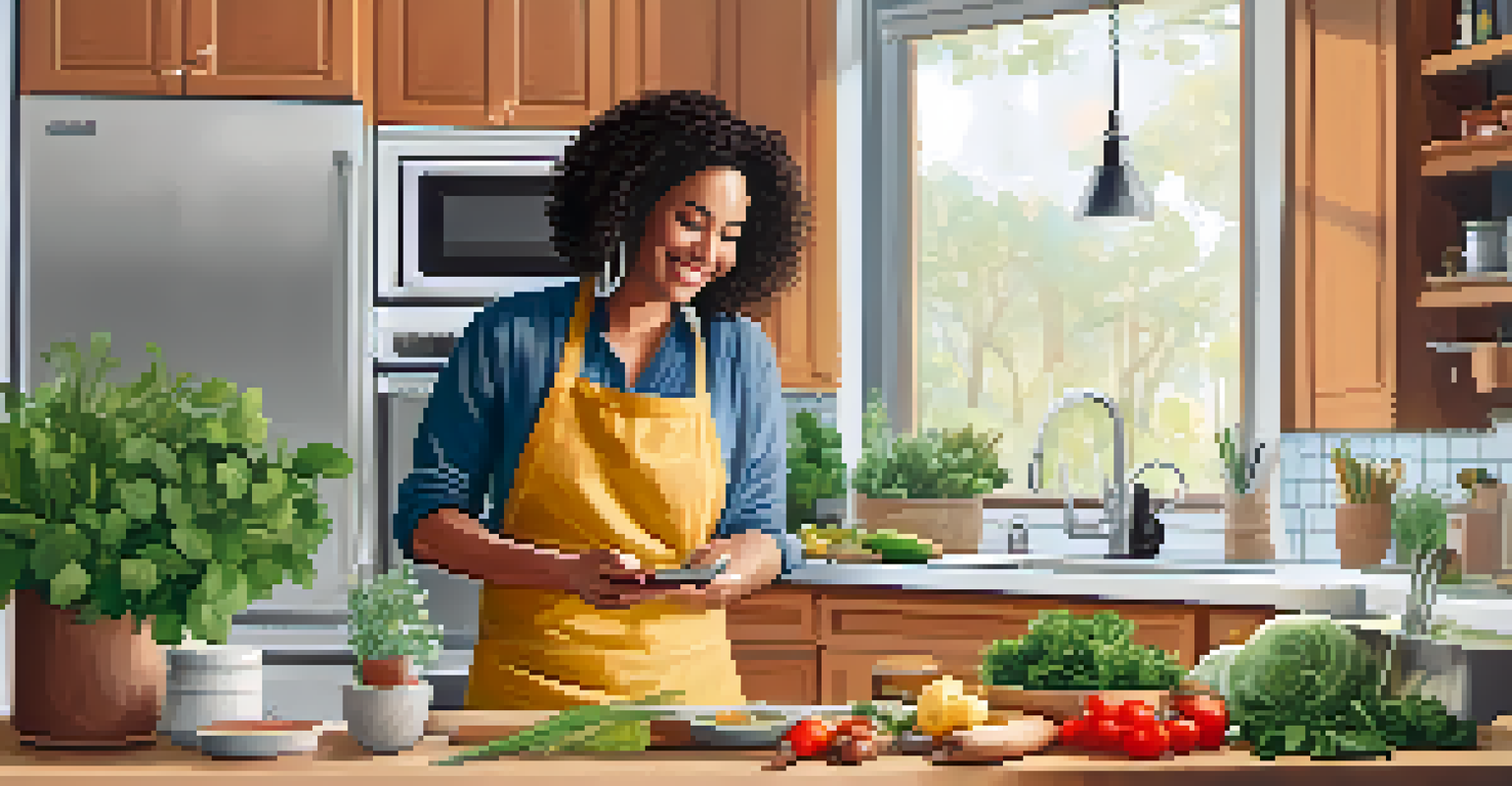 A woman cooking in a bright kitchen while listening to a health and wellness podcast on her smartphone.