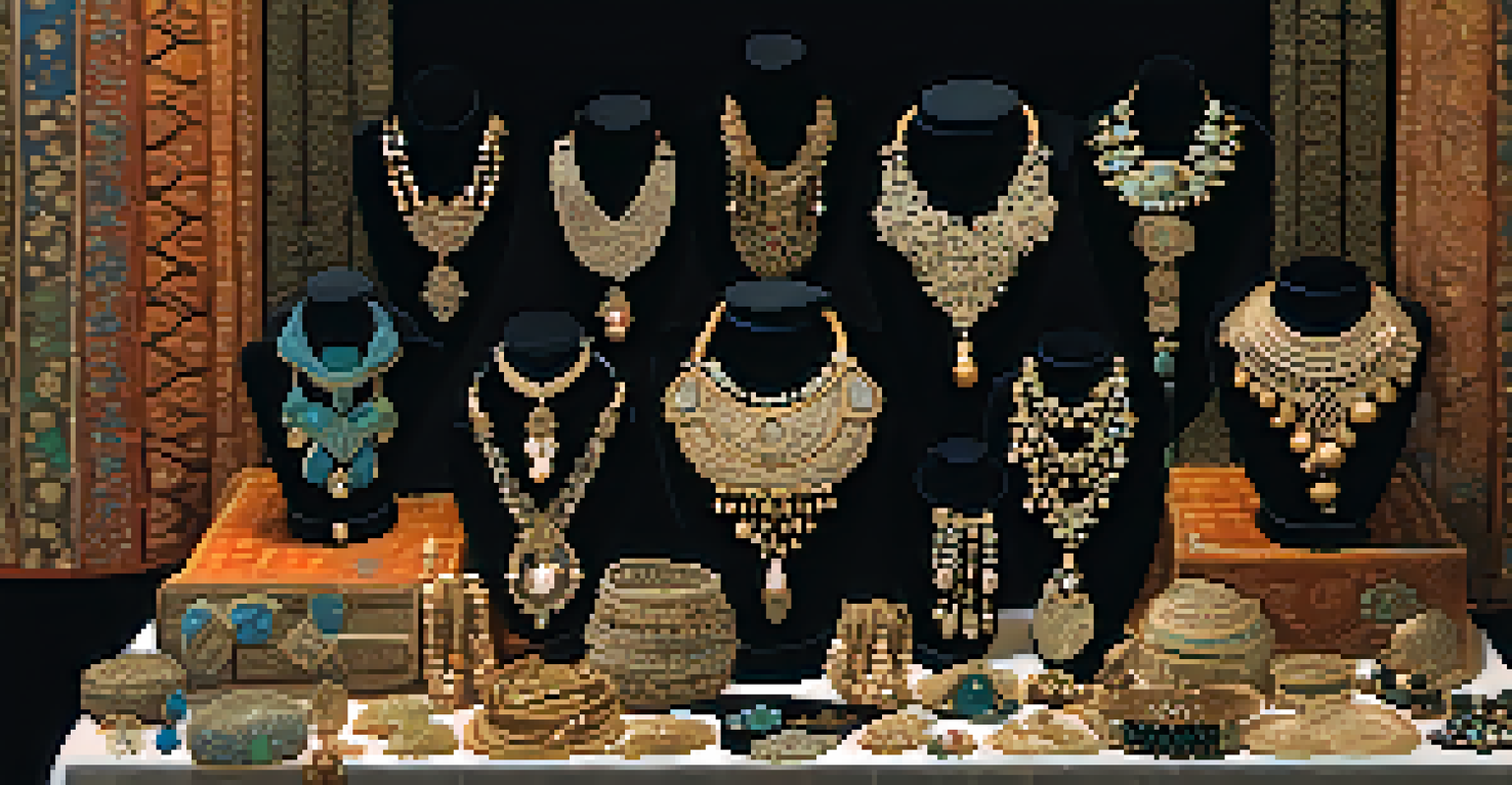 A close-up of a vendor's stall at a fashion market showcasing handcrafted jewelry and accessories.