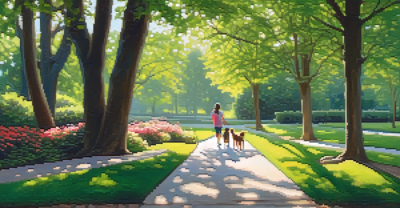 A peaceful dog walk in Hamilton Park with gardens and children playing in the background.