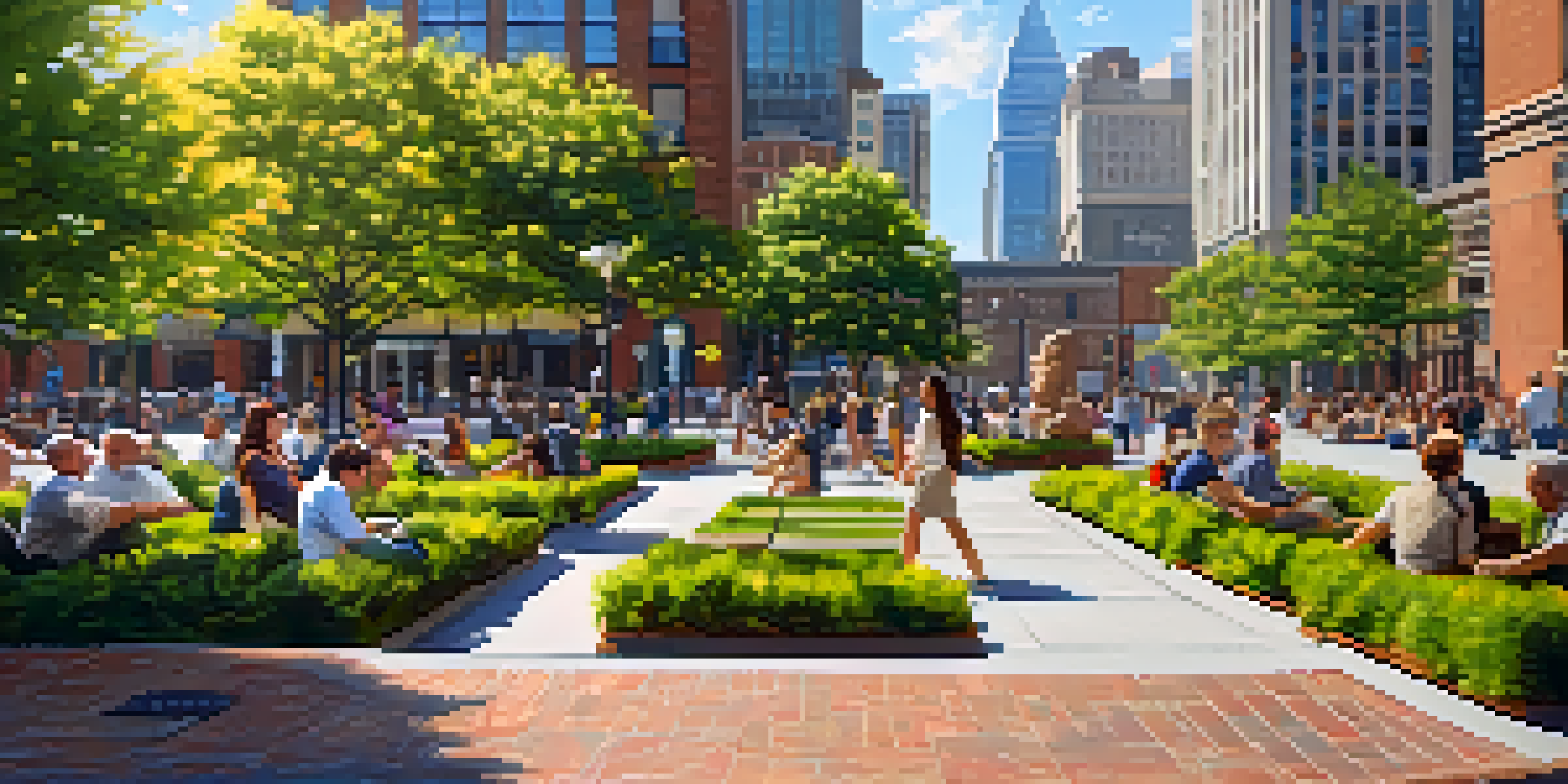 A sunny day at Frank Hague Memorial Plaza in Jersey City, filled with greenery, sculptures, and people enjoying the space.