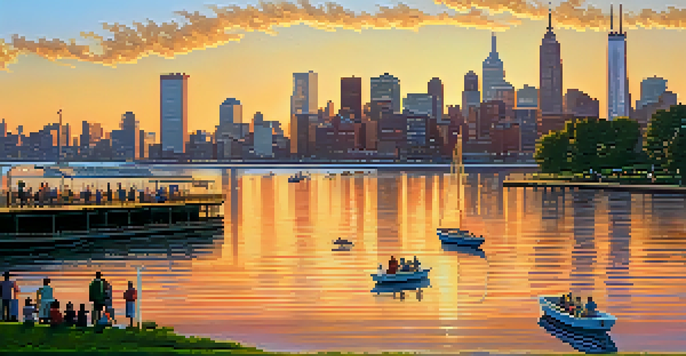 A picturesque sunset view of the Jersey City waterfront with families picnicking and the Manhattan skyline in the background.
