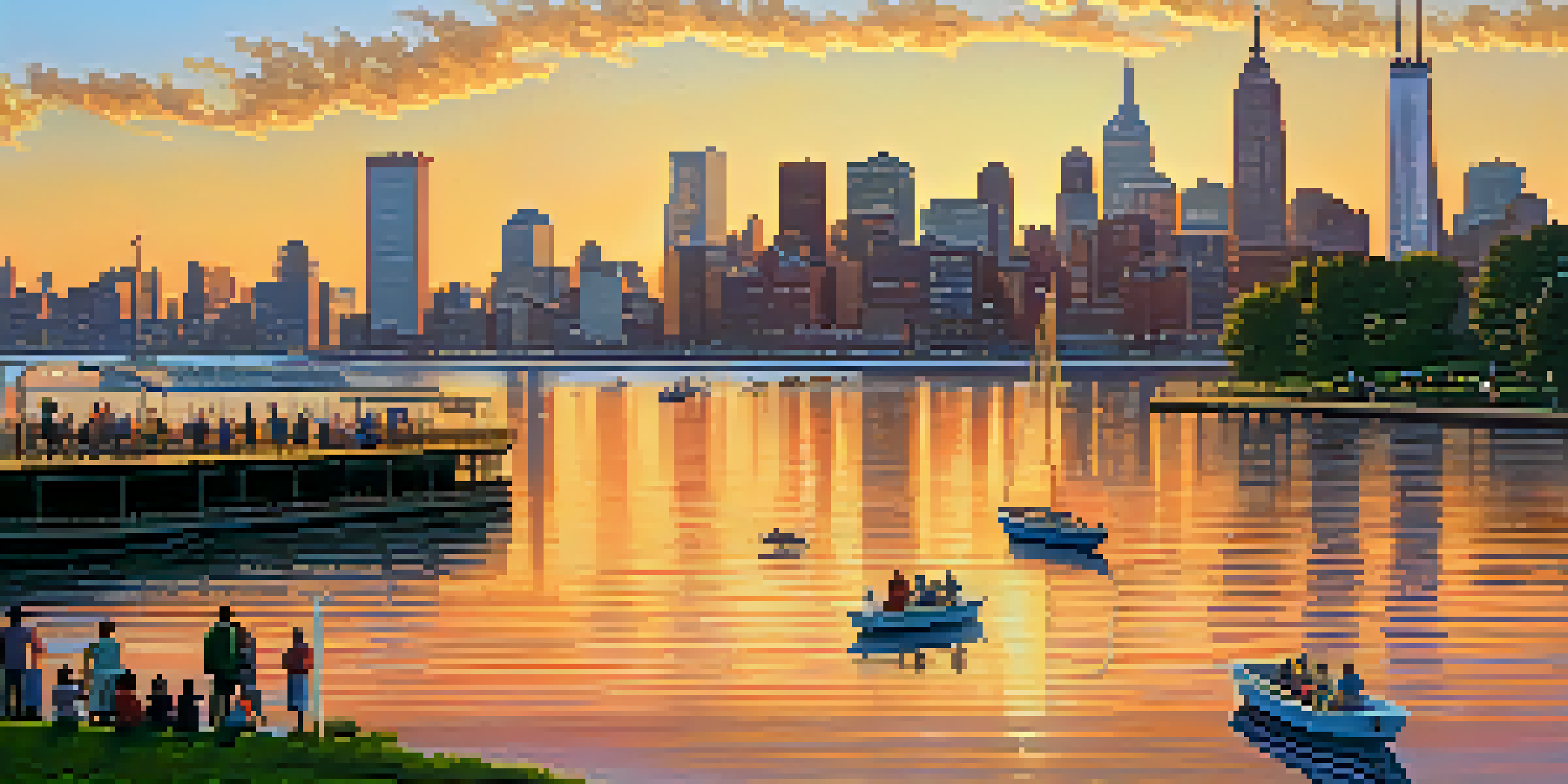 A picturesque sunset view of the Jersey City waterfront with families picnicking and the Manhattan skyline in the background.