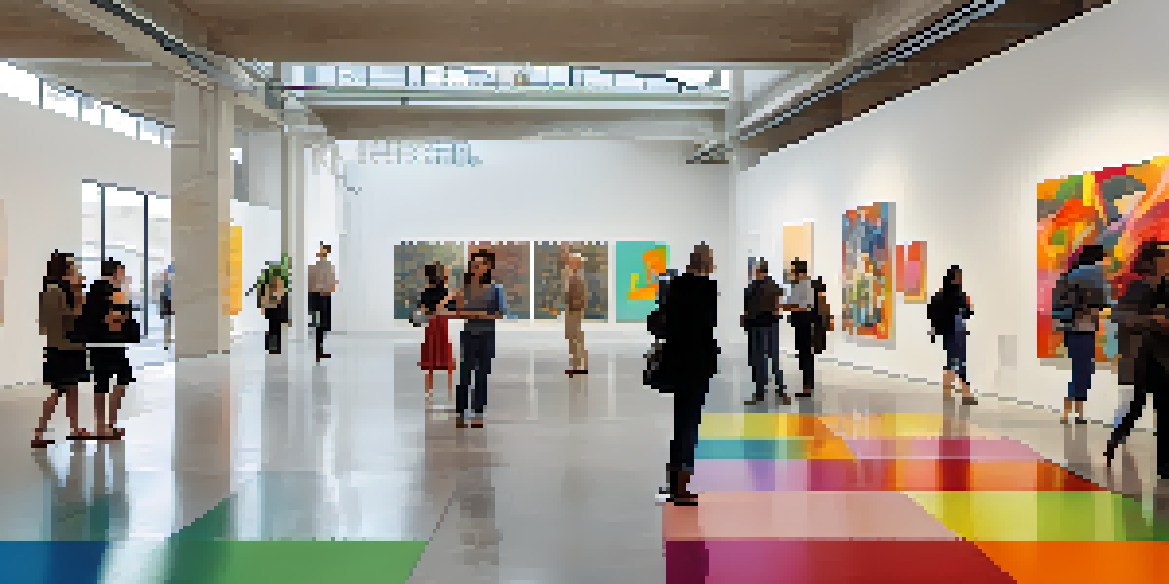 An interior view of Mana Contemporary filled with colorful art installations and visitors exploring the space.