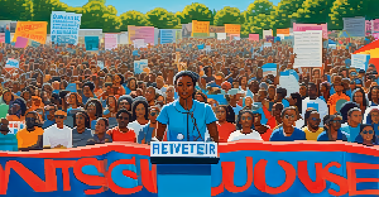 A young activist at a podium during a rally, surrounded by a diverse crowd holding signs for racial justice under a blue sky.