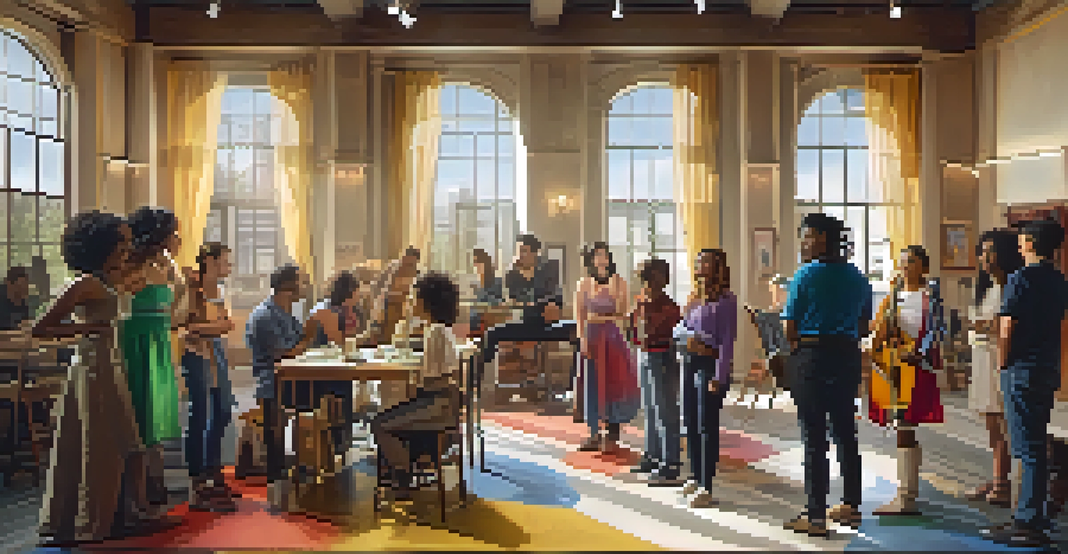 A diverse group of aspiring actors in a theater workshop, surrounded by props and costumes, discussing enthusiastically.