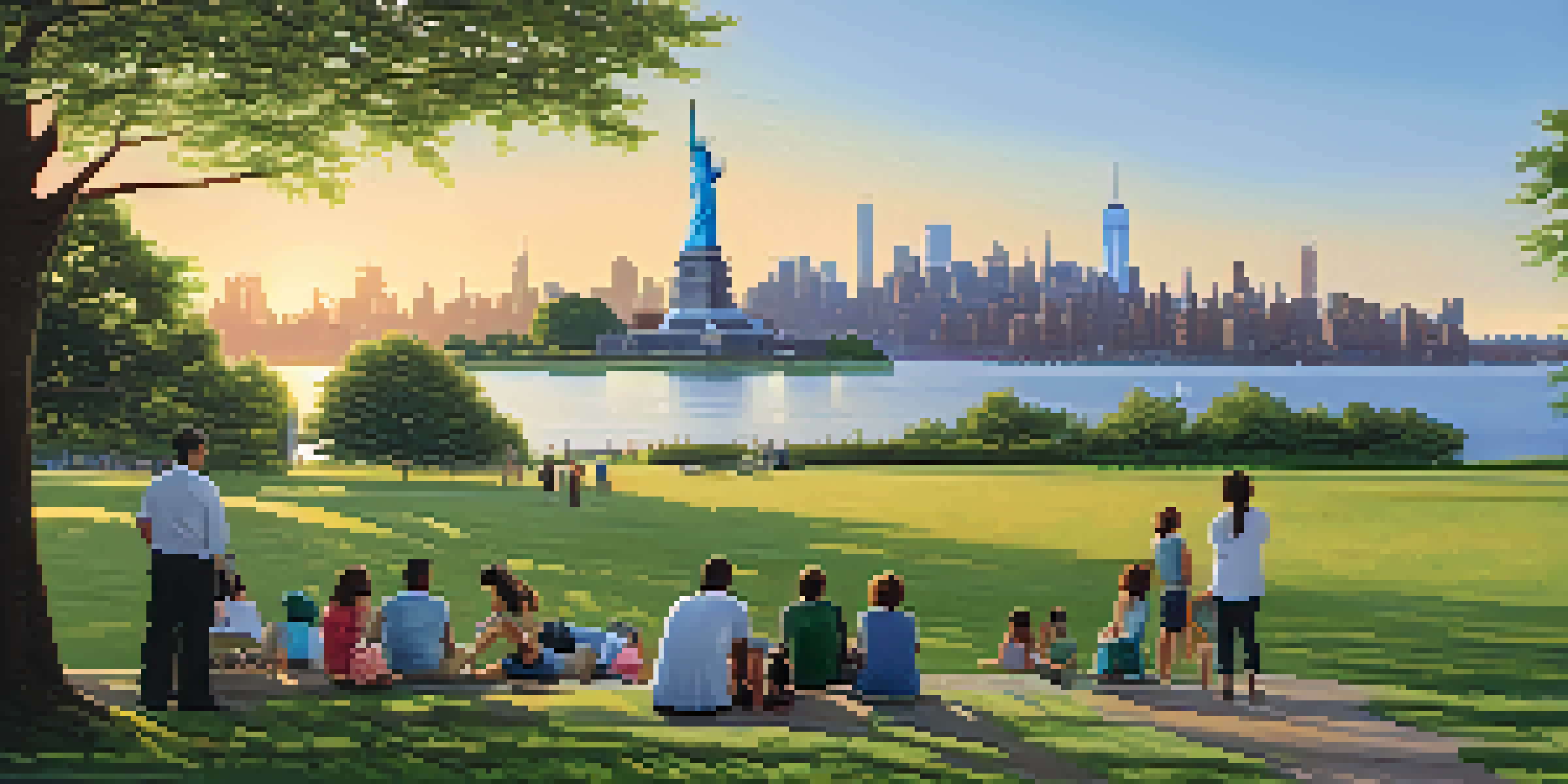 A scenic view of Liberty State Park with the Statue of Liberty and Manhattan skyline at sunset.