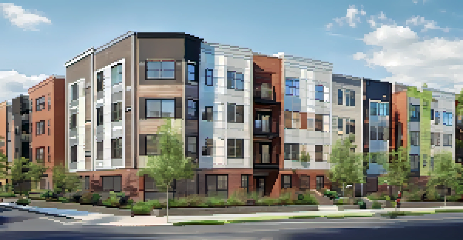 A modern mixed-income housing development with a blend of affordable and market-rate units, surrounded by green spaces and community areas.