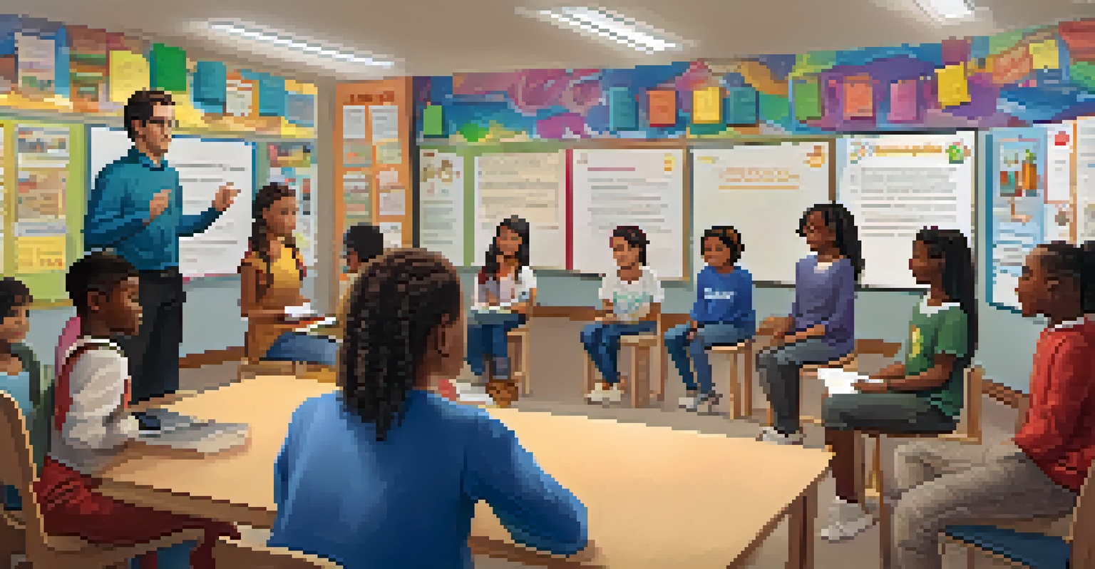 A classroom with students sitting in a circle during a social-emotional learning workshop, with educational posters on the walls.