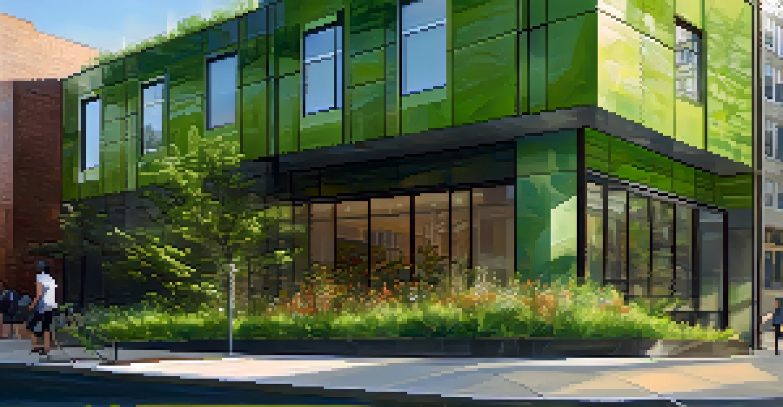 A close-up of a modern green building in Jersey City with a green roof and solar panels, surrounded by greenery and sunlight.