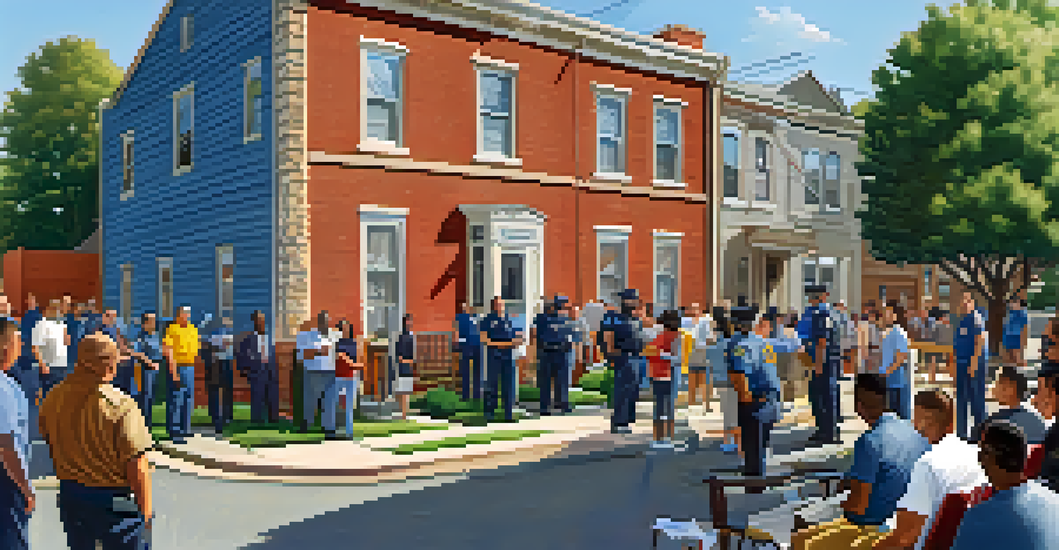 Residents attending a crime prevention workshop outdoors, learning about home safety techniques from police officers.