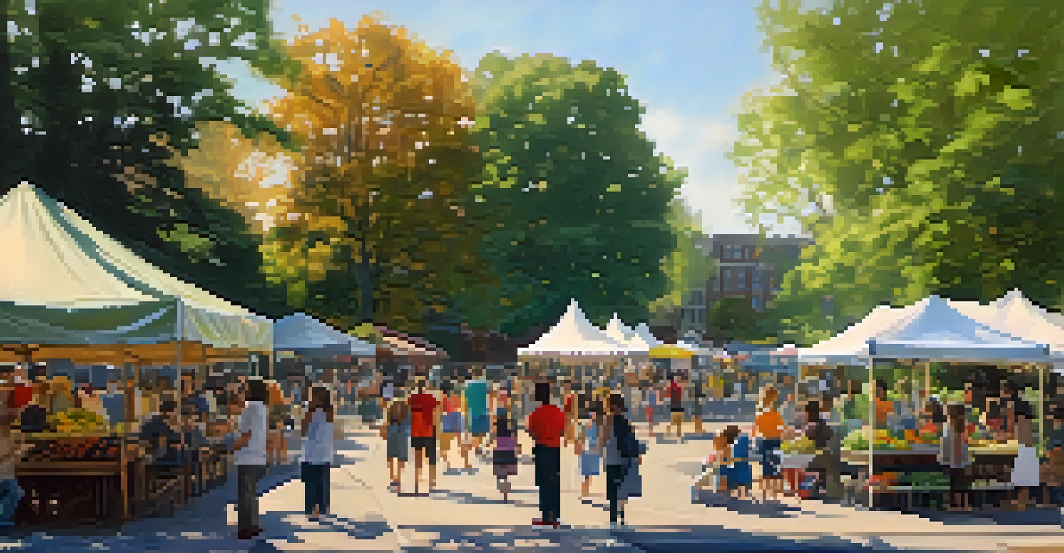 Families and children enjoying a farmers' market at Van Vorst Park with vibrant greenery and local artists performing.