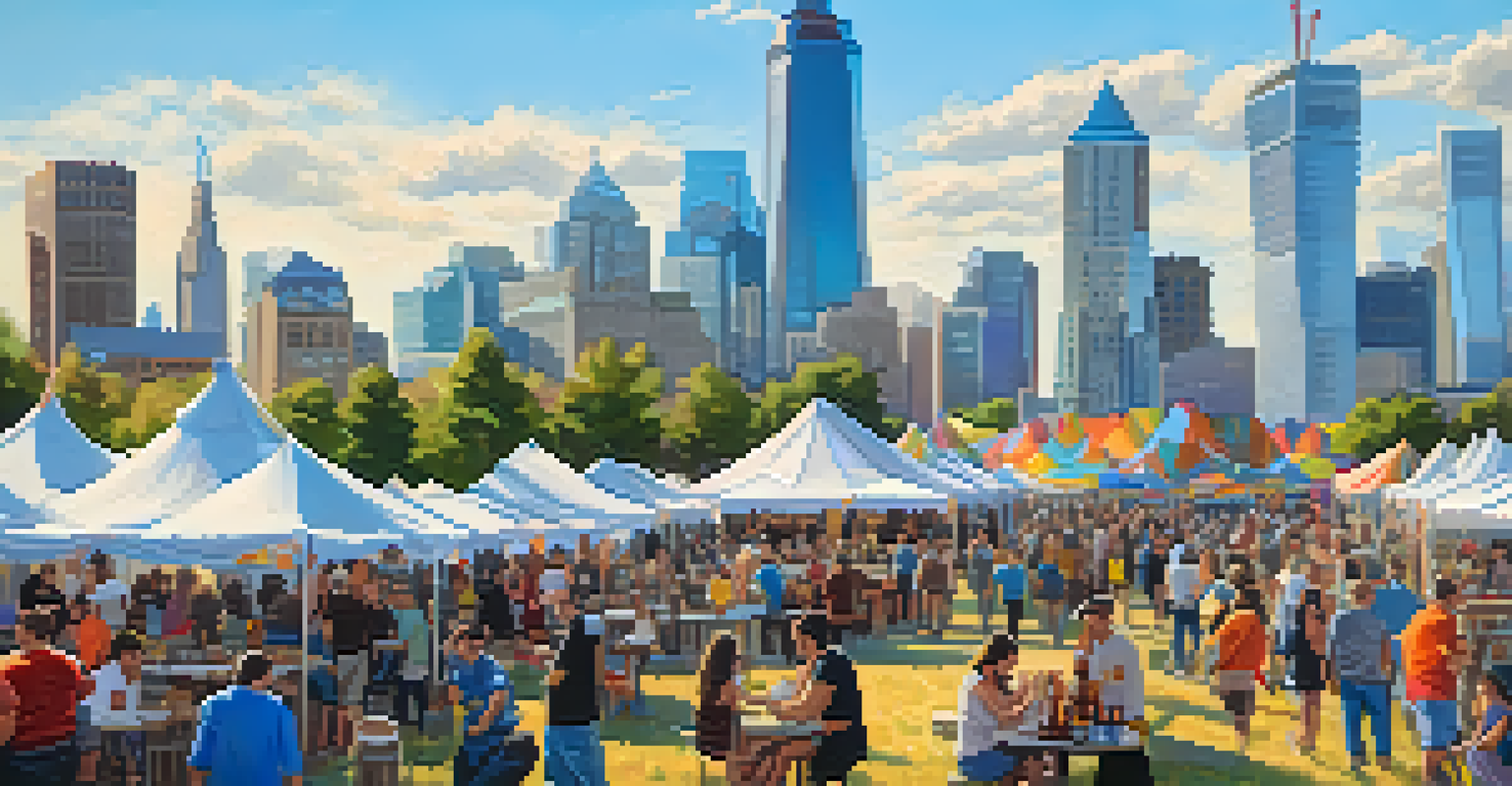An outdoor beer festival in Jersey City with people sampling craft beers and enjoying food from trucks, set against a bright blue sky and city skyline.