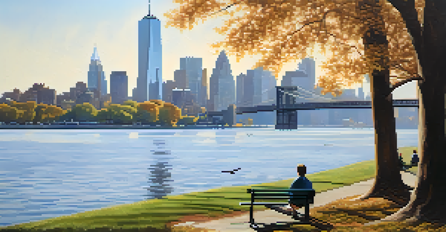 A peaceful scene at Riverside Park with a person enjoying coffee by the water and birds nearby.