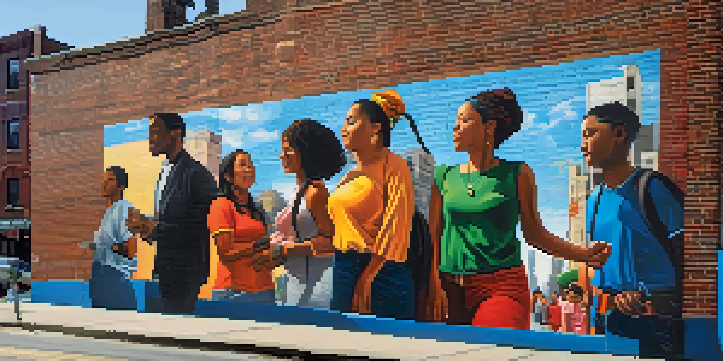 A colorful street mural featuring diverse figures symbolizing different cultures against a blue sky.