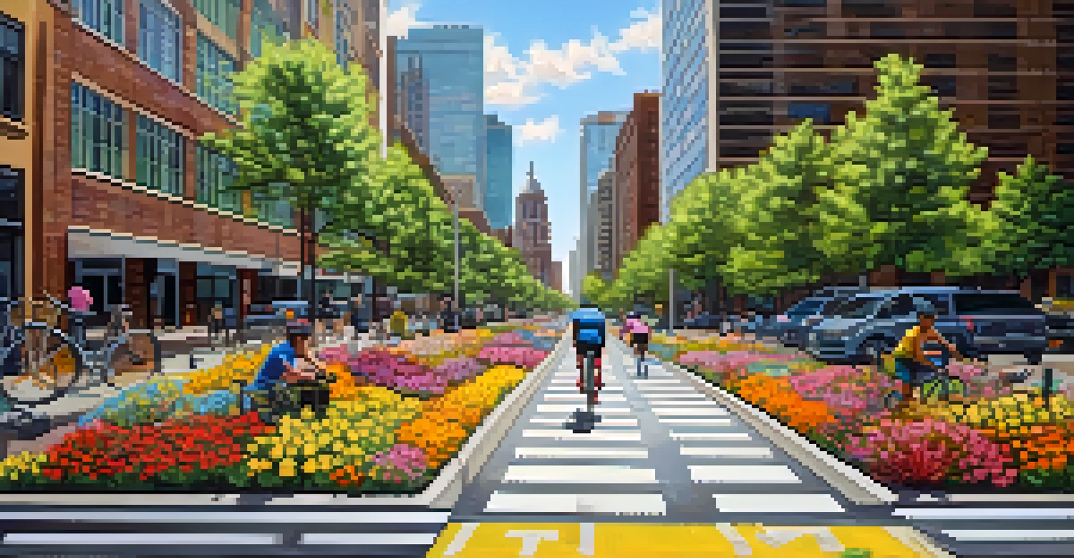 A bike lane in Jersey City with cyclists of different ages riding, surrounded by trees, flowers, modern buildings, and public art, under a clear sky.