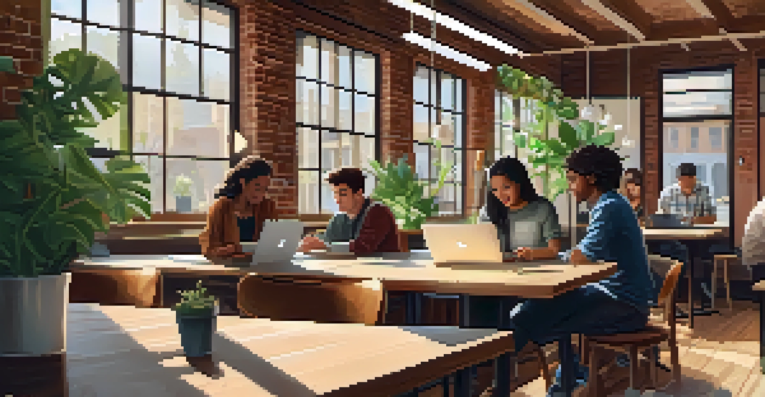 Students studying together in a coffee shop with laptops and natural light.