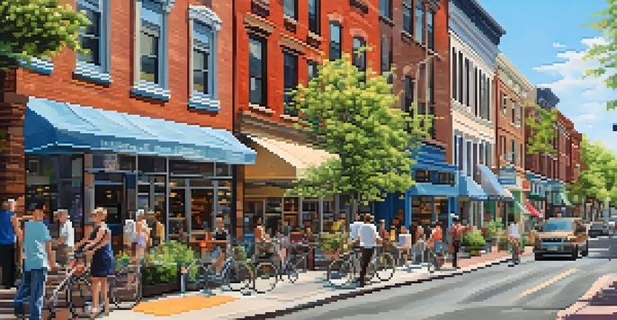 A lively urban street scene in Jersey City with pedestrians, cyclists, and colorful storefronts under a clear blue sky.