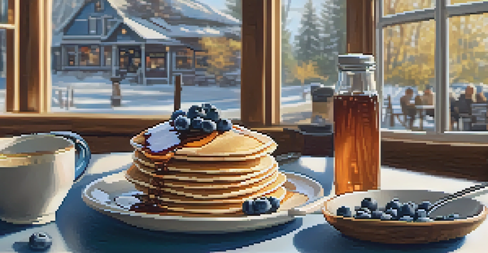 A warm and inviting brunch scene with a table displaying fluffy pancakes topped with blueberries and maple syrup, surrounded by families enjoying their breakfast.