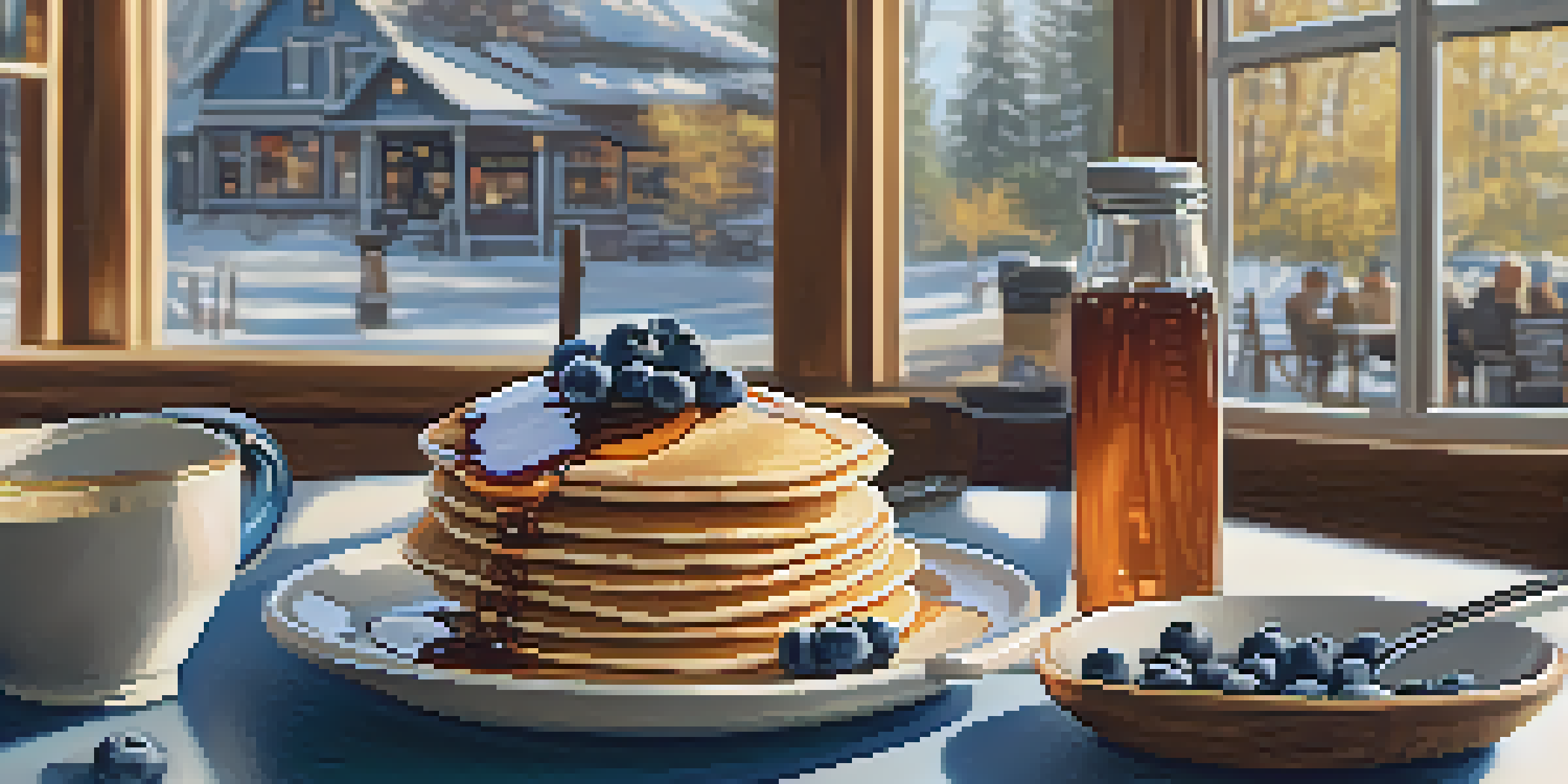 A warm and inviting brunch scene with a table displaying fluffy pancakes topped with blueberries and maple syrup, surrounded by families enjoying their breakfast.