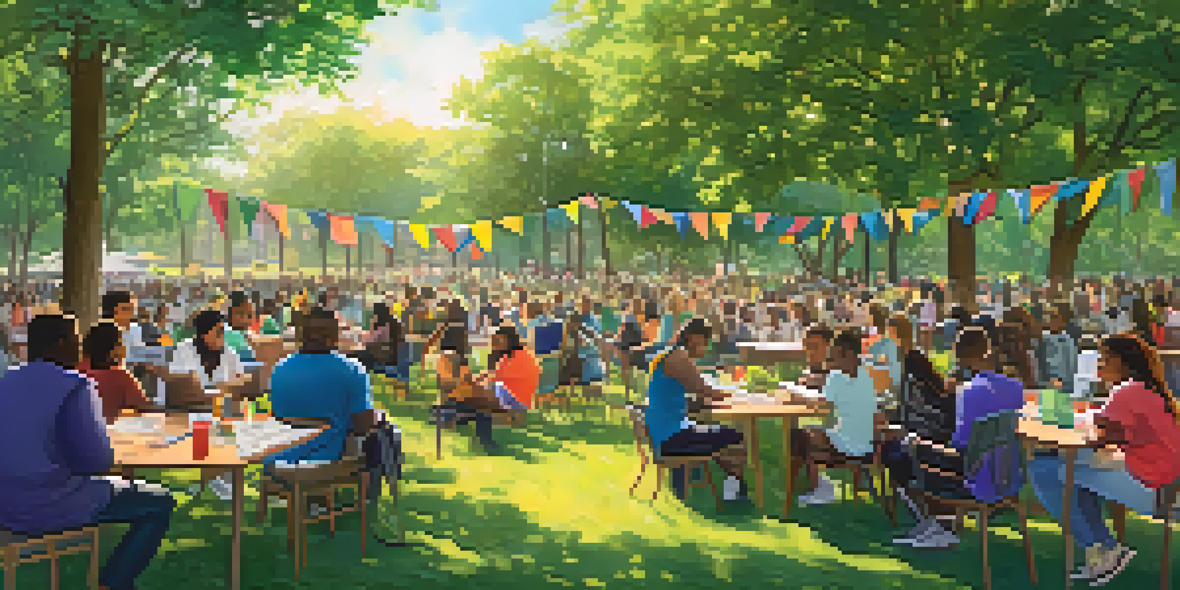 A lively outdoor mentorship event with young people and mentors discussing in a green park, decorated with colorful banners and sunlight.