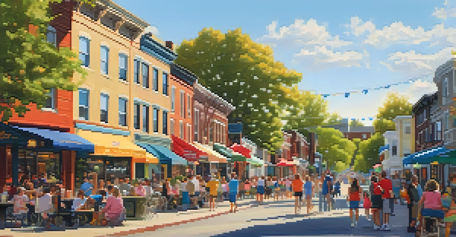 A neighborhood block party in McGinley Square, featuring tree-lined streets, homes, and residents enjoying the community event.