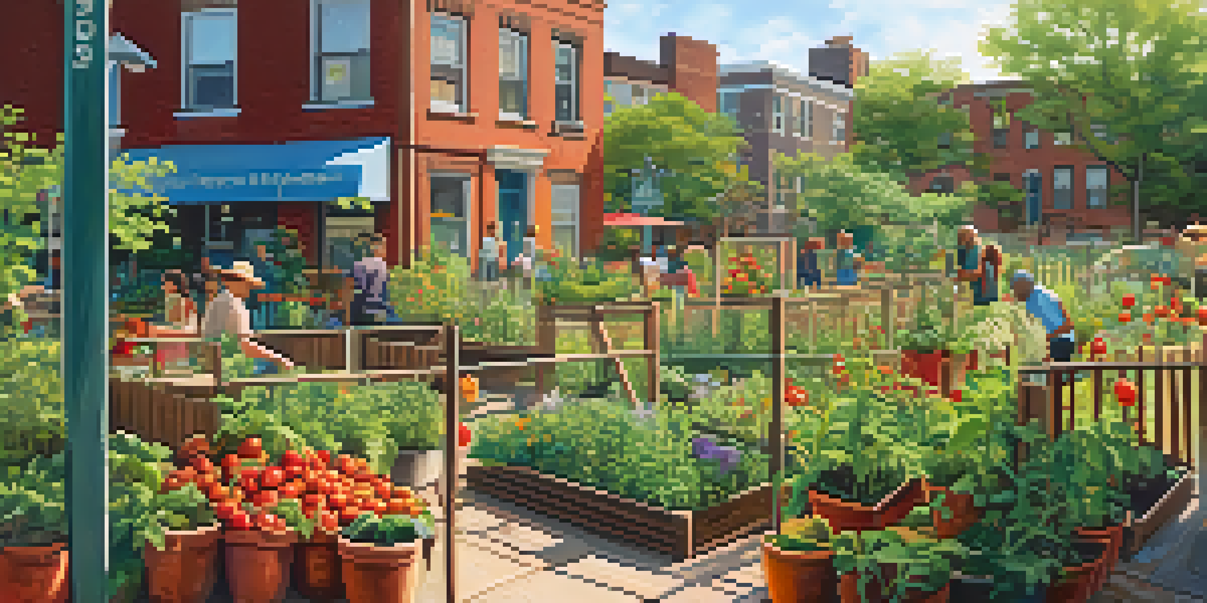 A lively community garden filled with various plants and flowers, with residents interacting and gardening under warm sunlight.