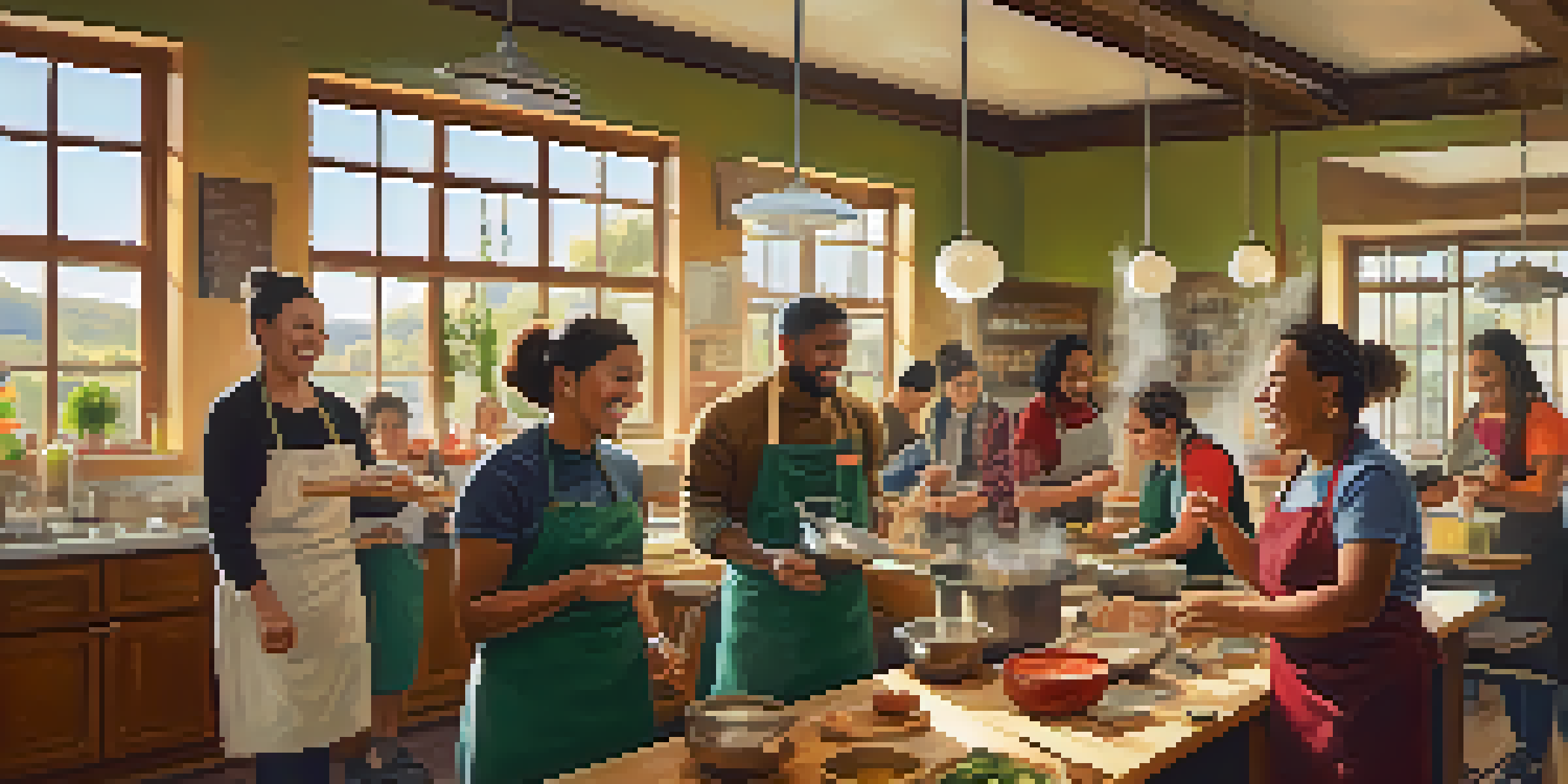 A lively cooking class with diverse adult learners interacting and cooking together in a bright classroom.