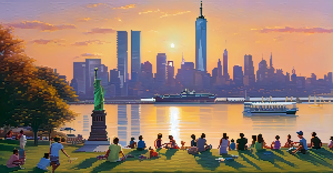 A sunset view of Liberty State Park with the Statue of Liberty and Manhattan skyline, showcasing families picnicking and children playing.