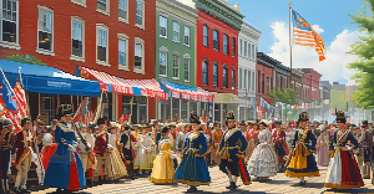 A lively festival in modern Jersey City celebrating its Revolutionary heritage, with families, reenactors, and colorful decorations.