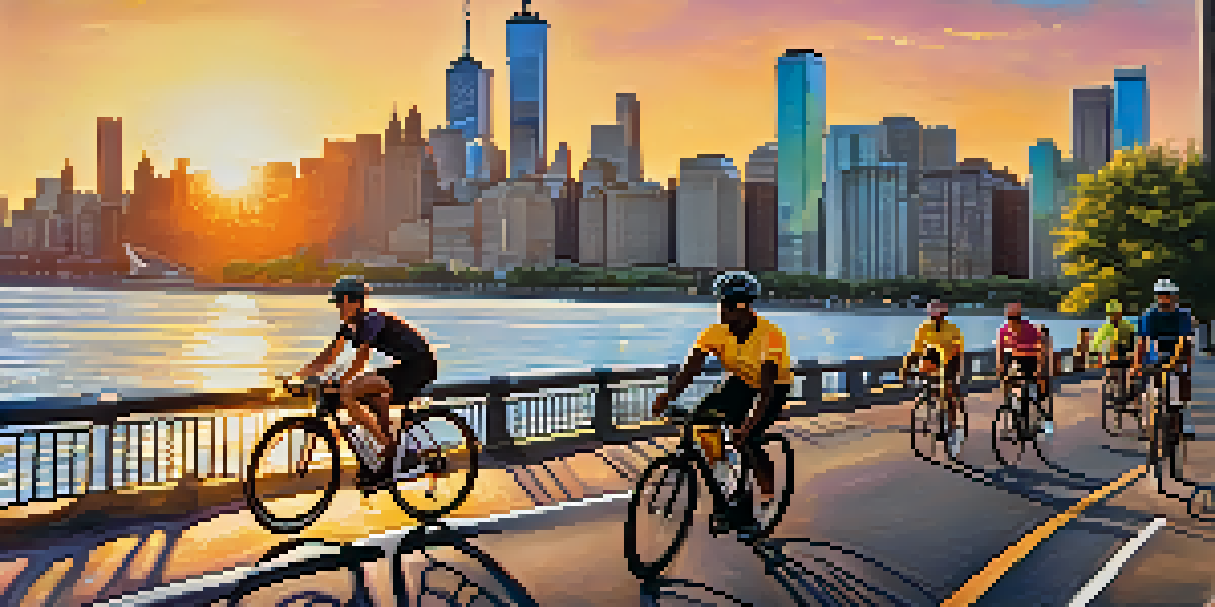 A group of diverse cyclists enjoying a ride along a waterfront bike path with the Manhattan skyline in the background during sunset.