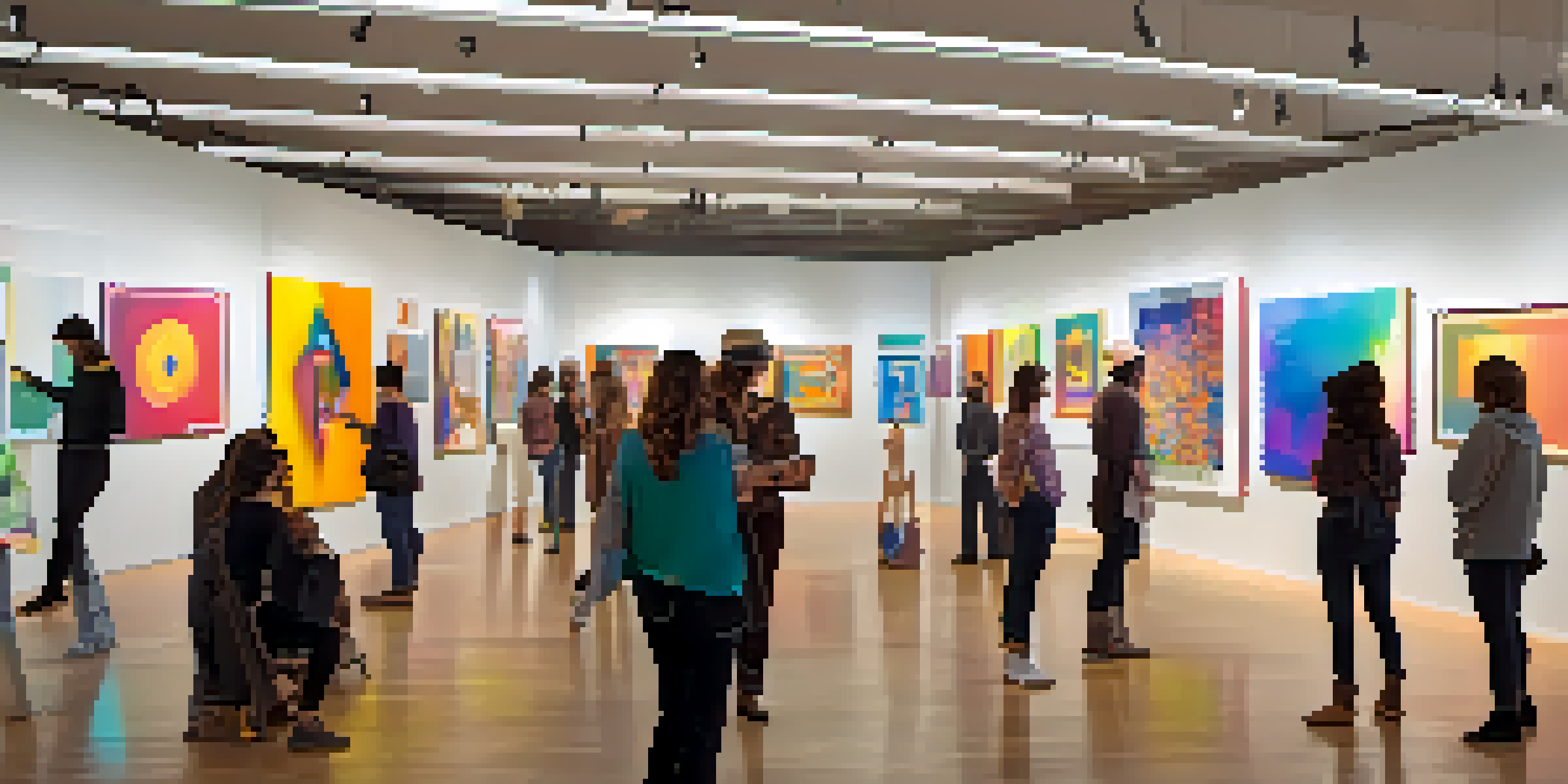 A vibrant art gallery showcasing interactive installations, with diverse visitors engaging with colorful contemporary artworks and discussing them.