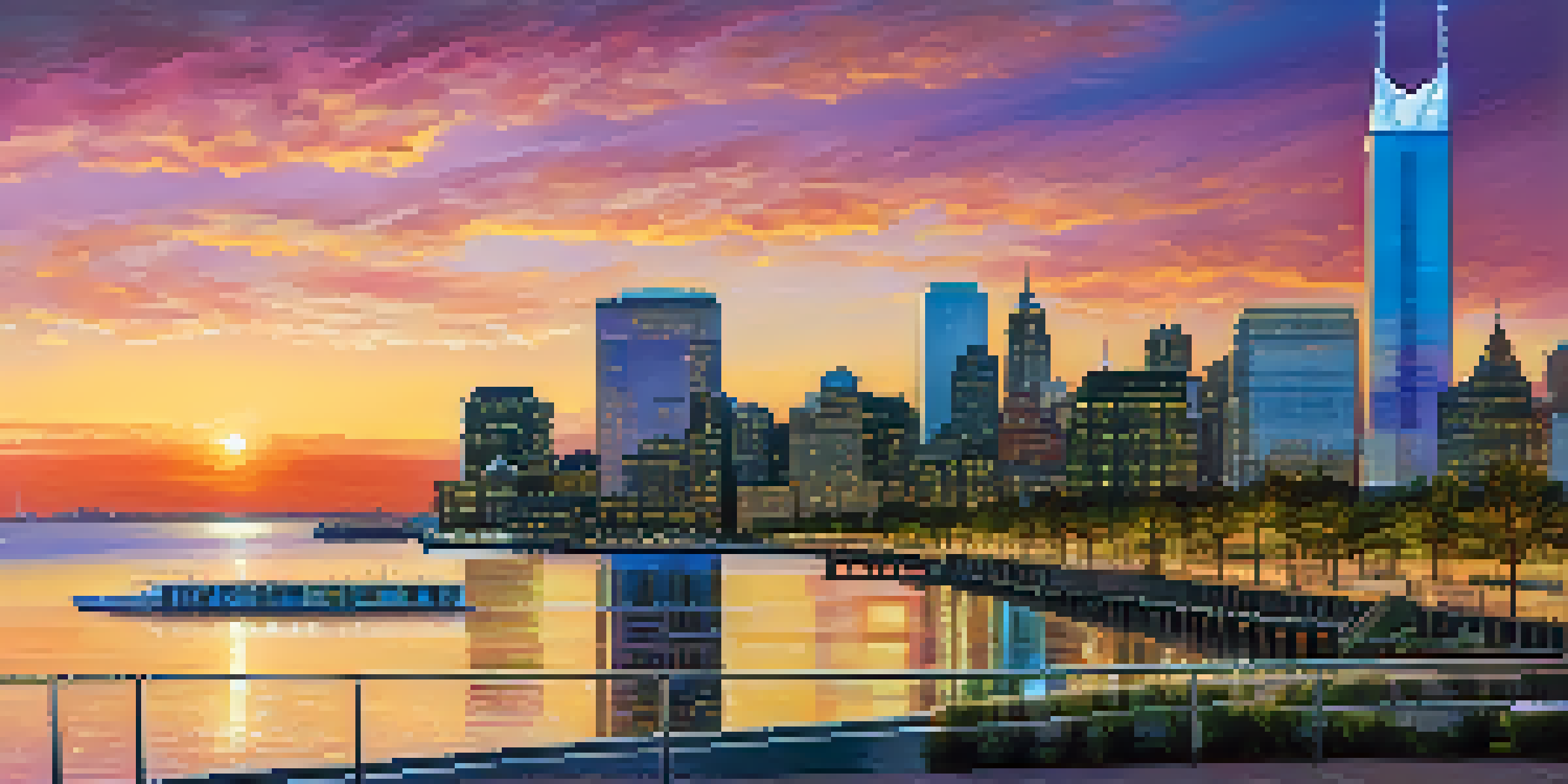 A sunset over Jersey City's waterfront, highlighting tall luxury buildings and the Manhattan skyline in the distance.