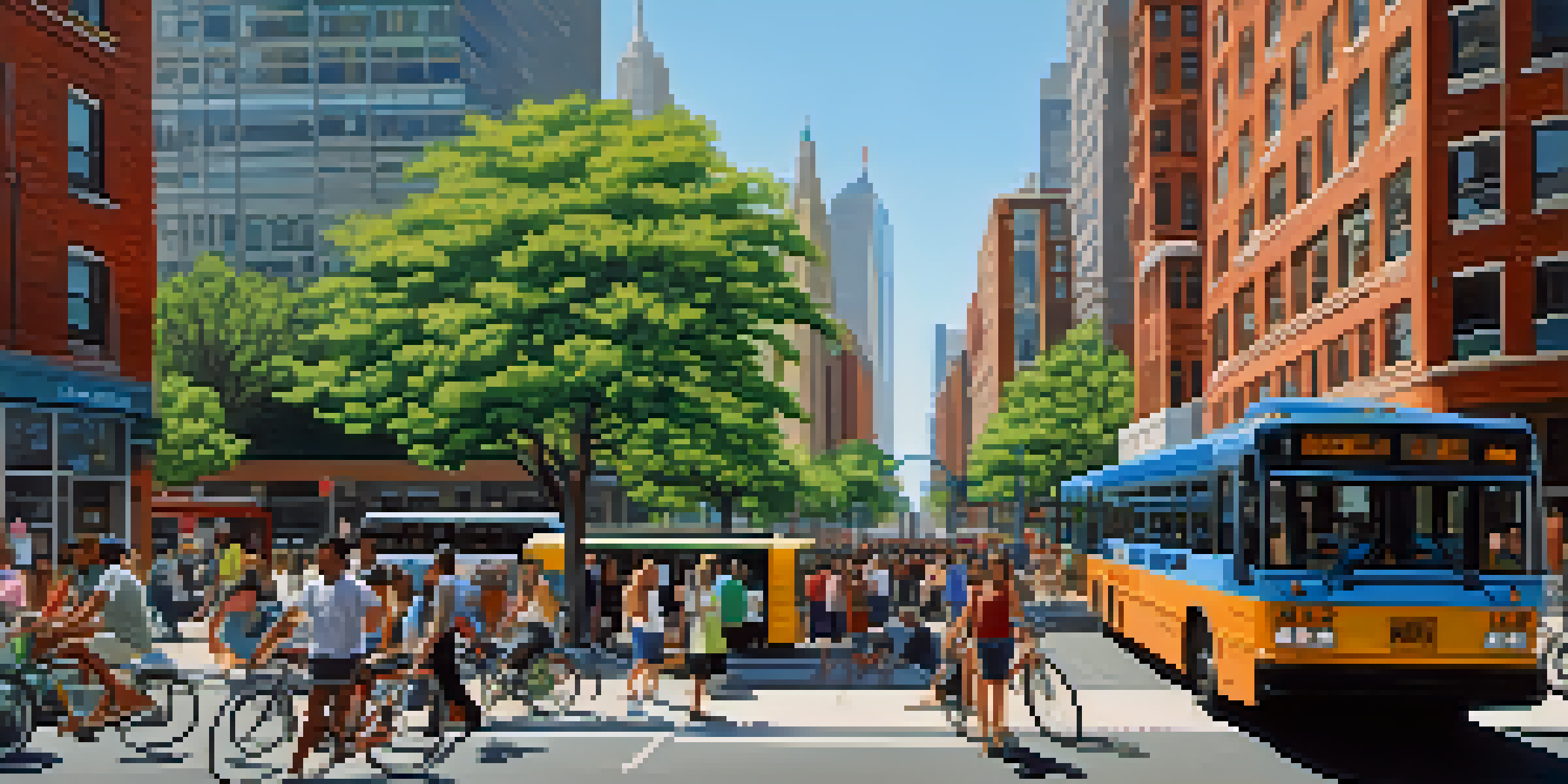 A vibrant urban scene in Jersey City with commuters using buses, light rail, and bicycles amidst modern skyscrapers and greenery.