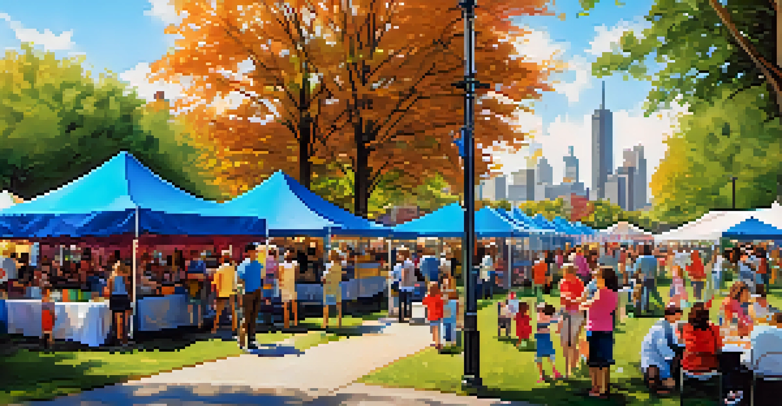 A lively community festival in a Jersey City park with colorful tents and historic landmarks in the background.