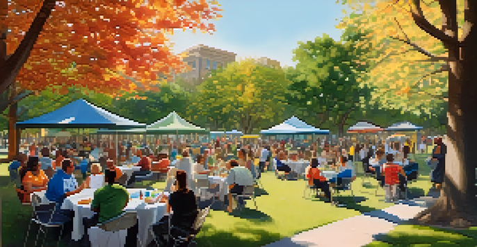 A diverse group of residents participating in an outdoor community meeting in a park, with colorful banners and sunlight filtering through trees.