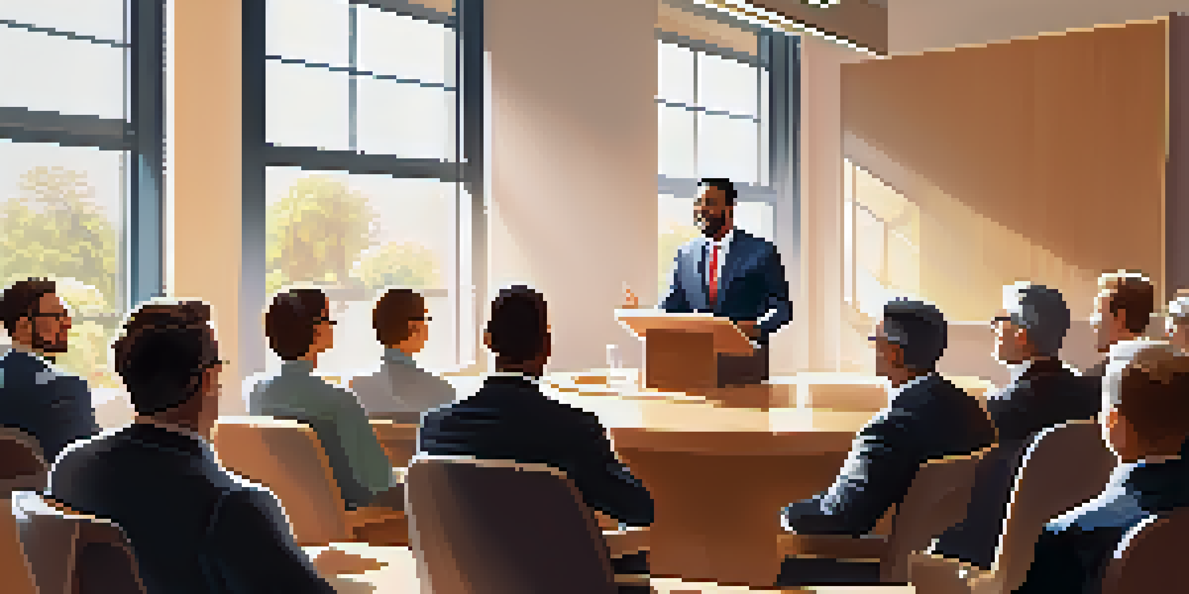 A confident speaker at a podium engaging a diverse audience in a bright conference room, with sunlight streaming through large windows.