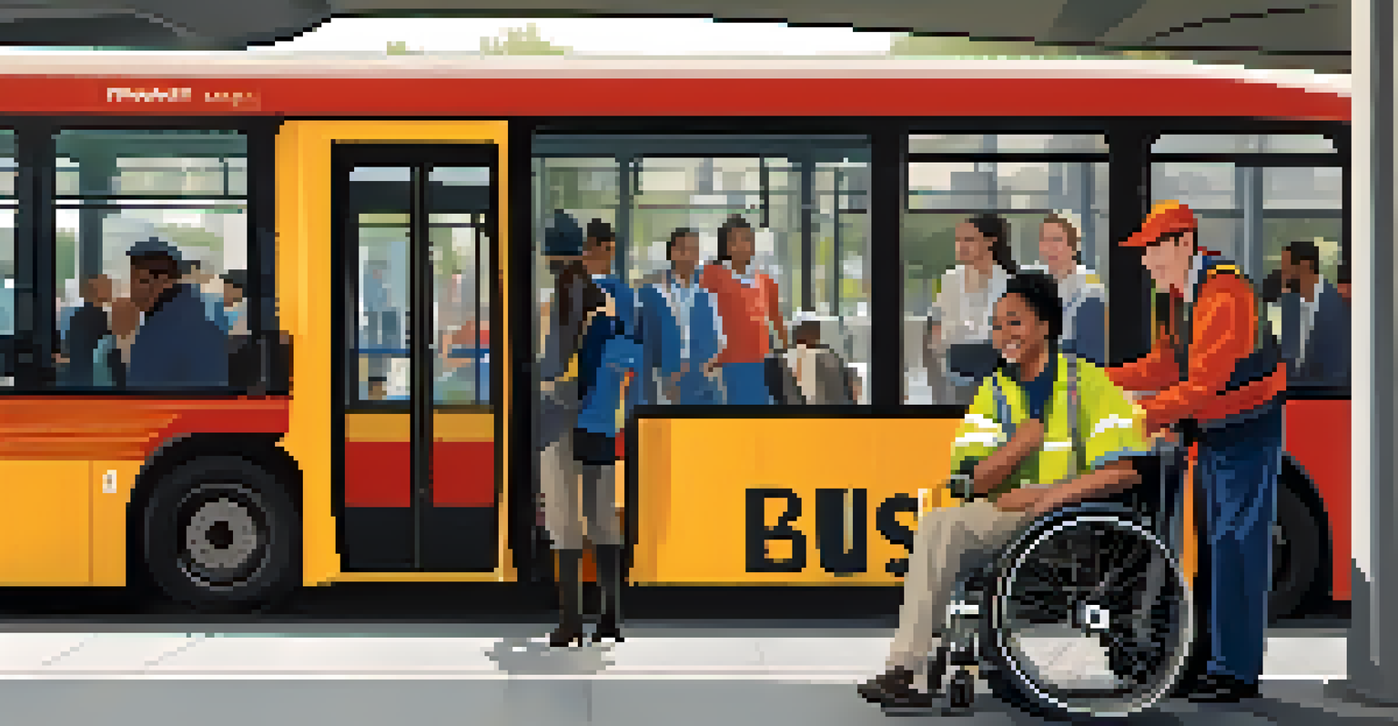 A public transport staff member helping a passenger in a wheelchair at a bus station, showcasing kindness and support.