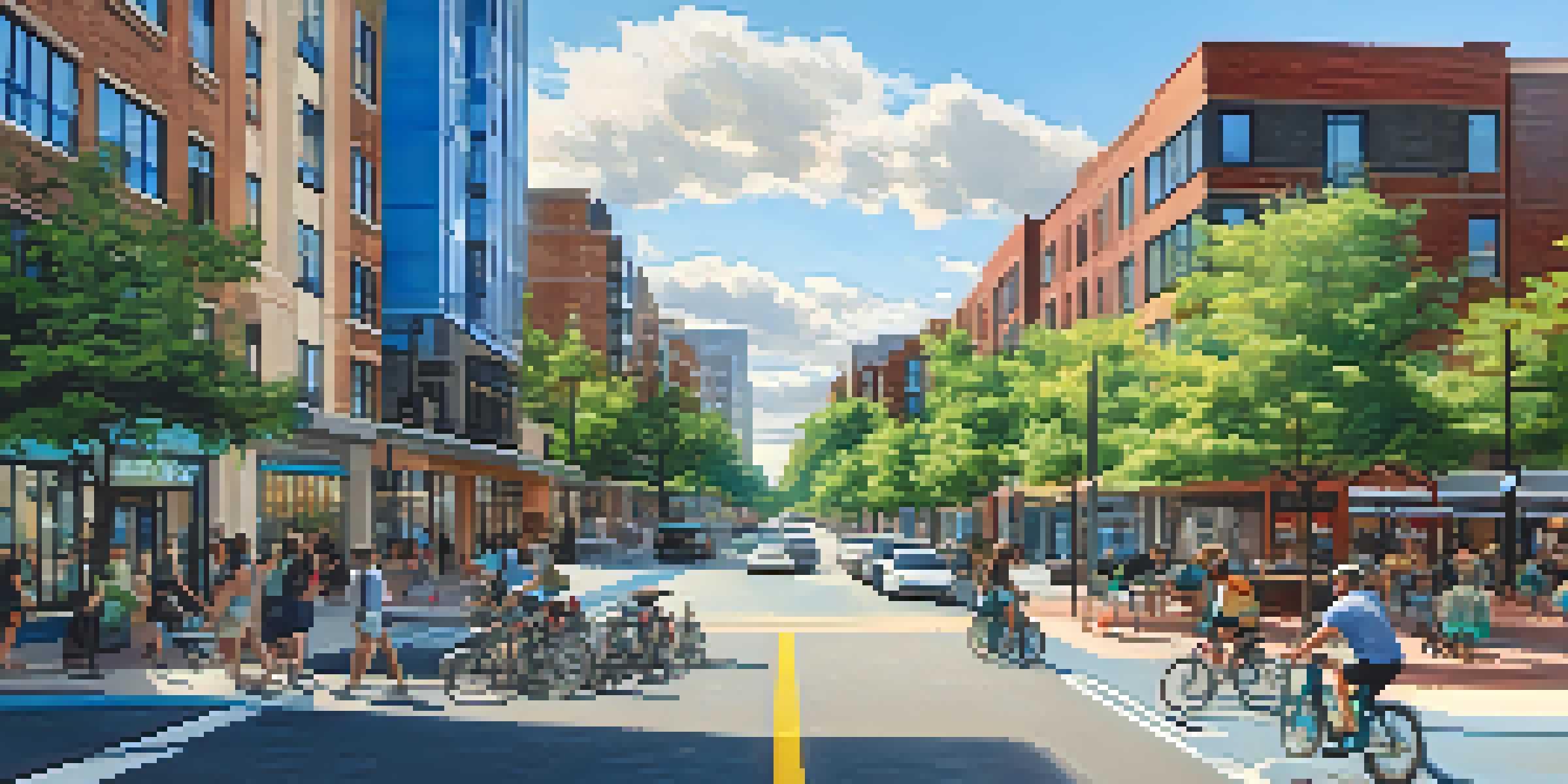 A lively urban scene in Jersey City showcasing modern buildings, green spaces, bike lanes, and electric vehicle charging stations with a clear blue sky.