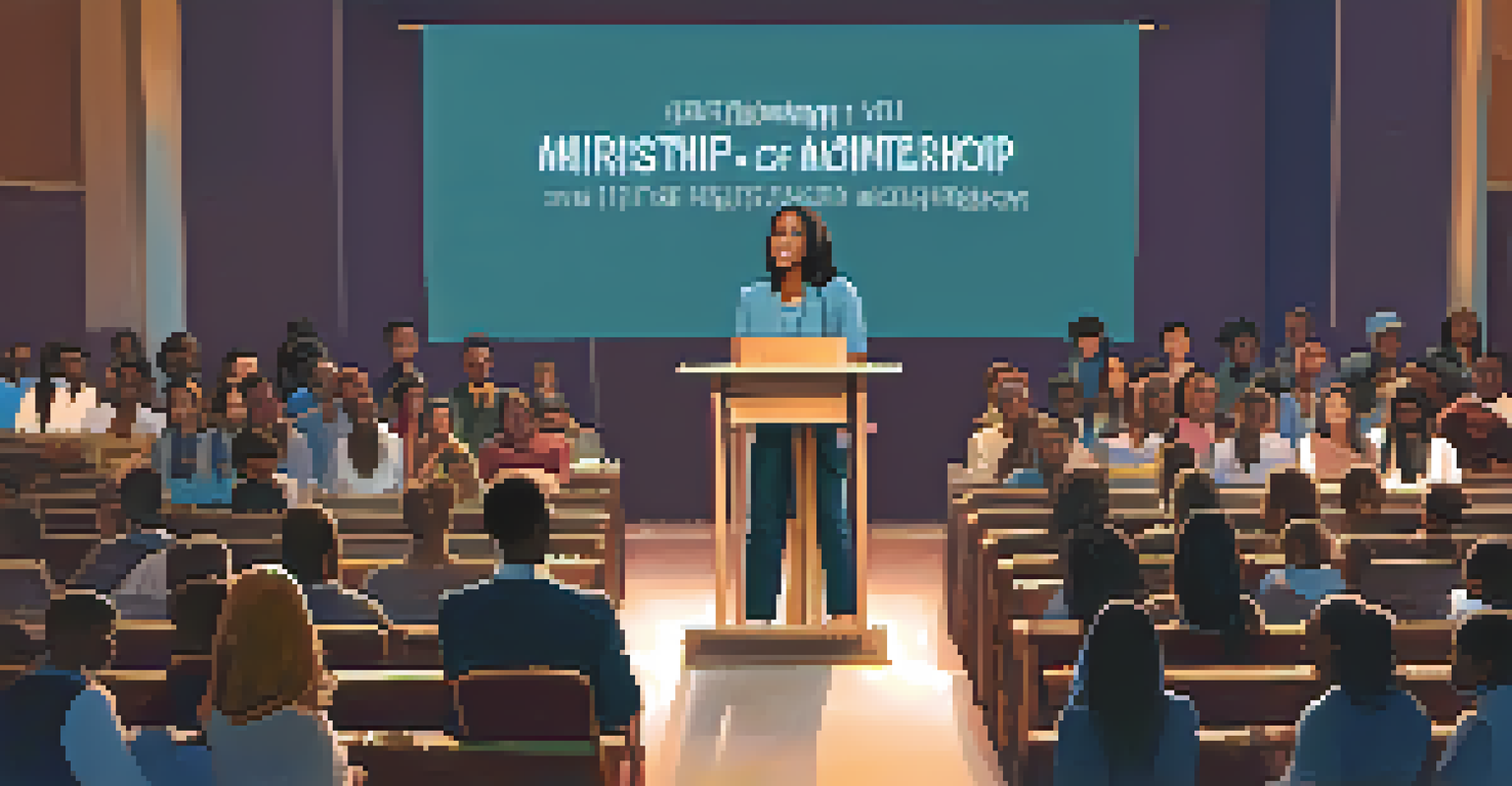 A young person presenting at a podium during a mentorship program, with an audience in a supportive atmosphere and an empowering backdrop.