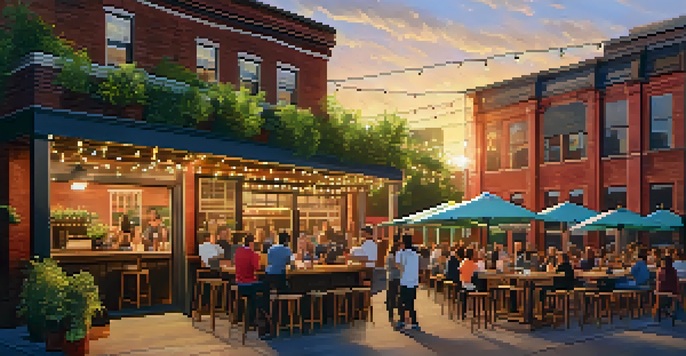 An outdoor beer garden at a craft brewery in Jersey City with patrons enjoying drinks, rustic wooden tables, potted plants, and string lights.