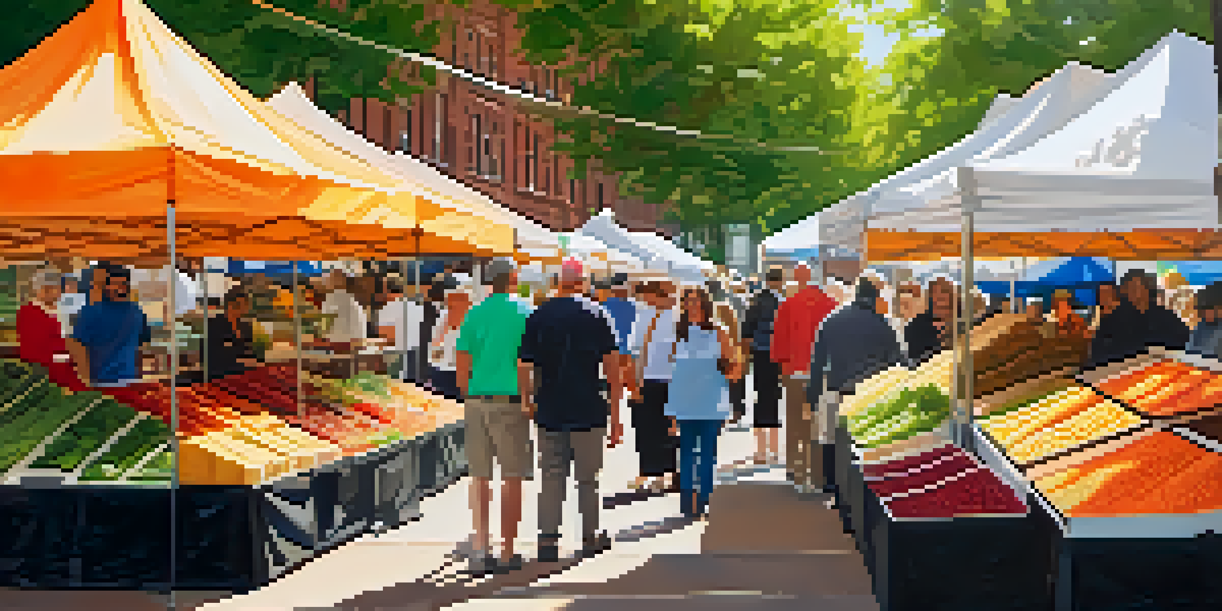 A busy food market in Jersey City with colorful stalls and diverse foods, people interacting, and warm sunlight creating a lively atmosphere.