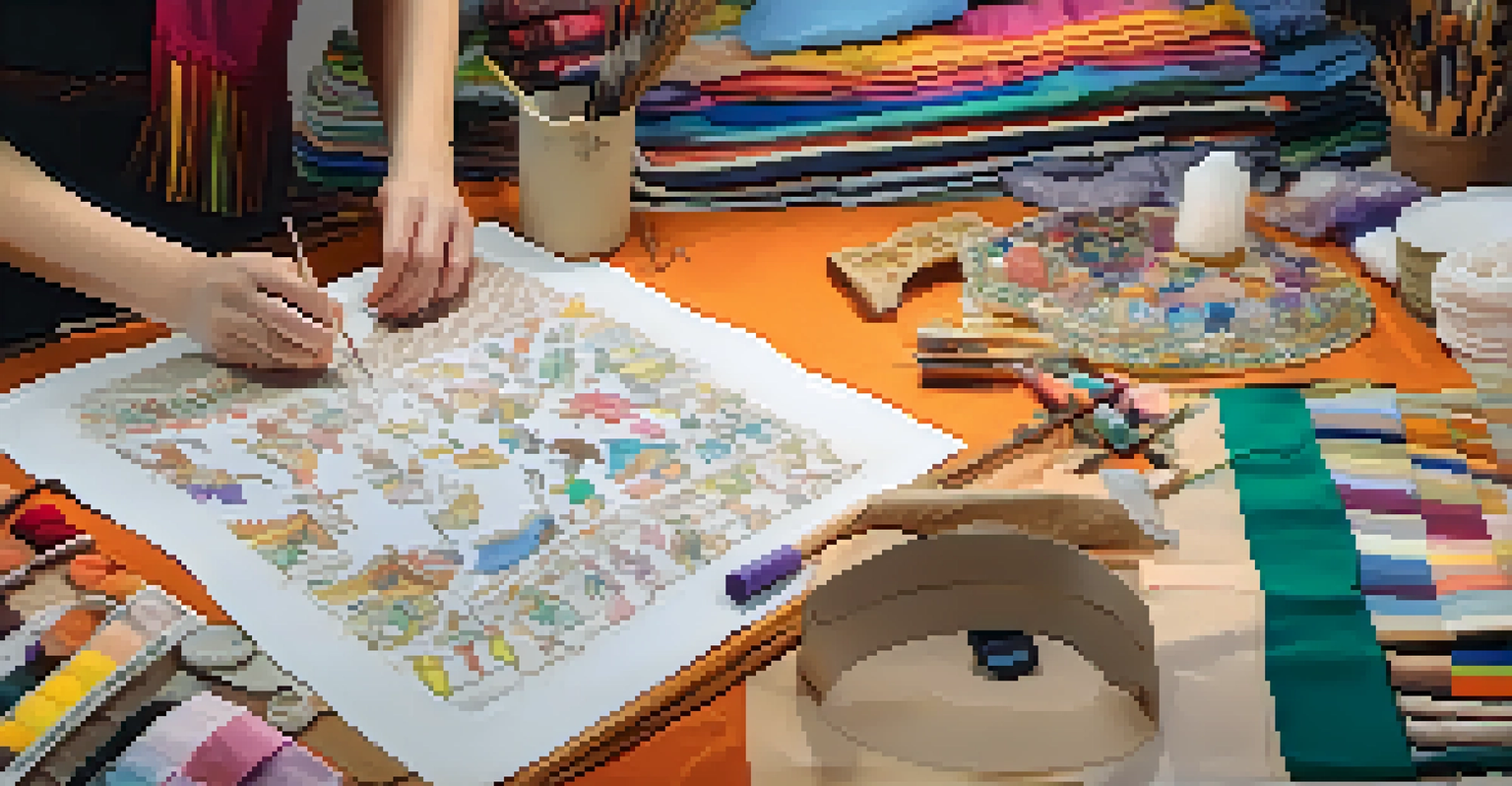 Close-up of hands sewing and designing costumes, surrounded by colorful fabrics and sketches in a bright workspace.