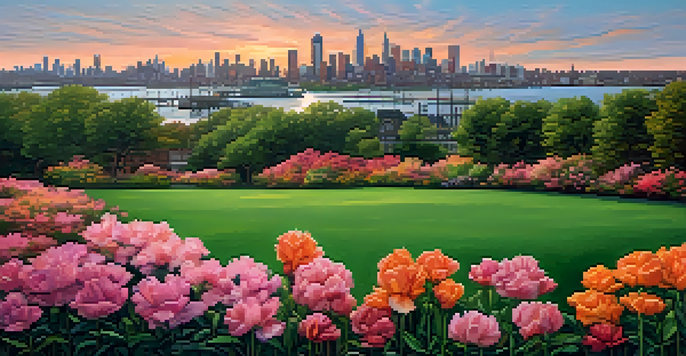 A panoramic view of Jersey City's skyline during sunset with luxury buildings and brownstones, featuring a colorful sky and a park in the foreground.