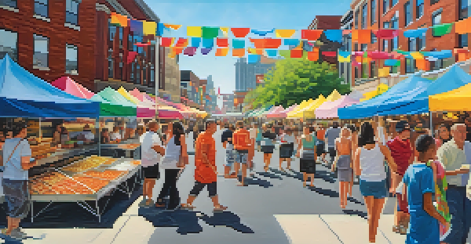 A bustling street filled with colorful food tents and families enjoying the Jersey City Food Festival, with musicians performing in the background.